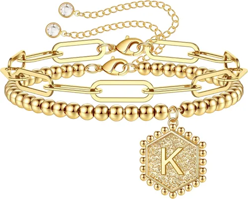 IEFWELL Pulseras de oro con iniciales para mujer oro real de 14 quilates plata chapada en oro rosa pulseras de cuentas para mujeres adolescentes y