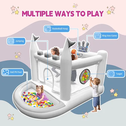 Miniatura 4 de Casa inflable de rebote para niños de 3 a 8 años, castillo hinchable pequeño 5 en 1 para exteriores, saltador, piscina de pelotas, aro