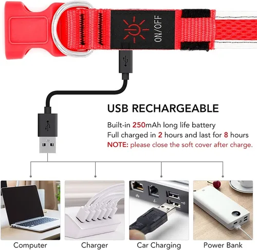 Miniatura 5 de YFbrite Collar de perro iluminado, collar de cachorro con LED recargable por USB, superbrillante, ajustable, luces brillantes para perro para Rojo