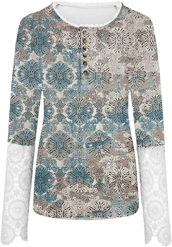 Miniatura 2 de Camisas de Navidad para mujer, camisa de manga larga con botones y cuello redondo y estampado floral entretejido