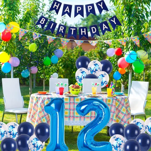 Miniatura 2 de Decoraciones de fiesta de cumpleaños azul número 12 para niños y niñas, suministros de globos de feliz cumpleaños 12 con pancarta de feliz Azul-a-31