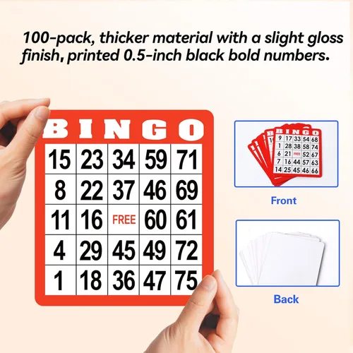 Miniatura 5 de GSE Games & Sports Expert Paquete de 100 tarjetas de juego de bingo multicolor con números de fácil lectura, hojas de bingo de papel reutilizables