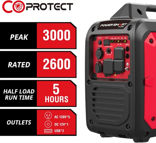Miniatura 2 de PowerSmart Generador portátil del inversor de 3000 vatios accionado a gas, silencioso para acampar