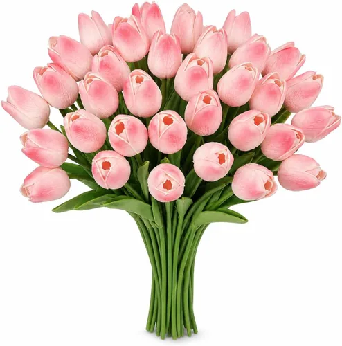 Miniatura 14 de MACTING - 30 flores artificiales de tulipán, tulipanes falsos de tacto real, flores artificiales de primavera, tulipanes de imitación para arreglos