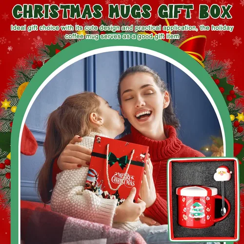 Miniatura 5 de Tazas de Navidad de Suttmin con tapa y cuchara, tazas de café de Navidad de porcelana, lindas tazas de té de Santa de cerámica con caja de regalo