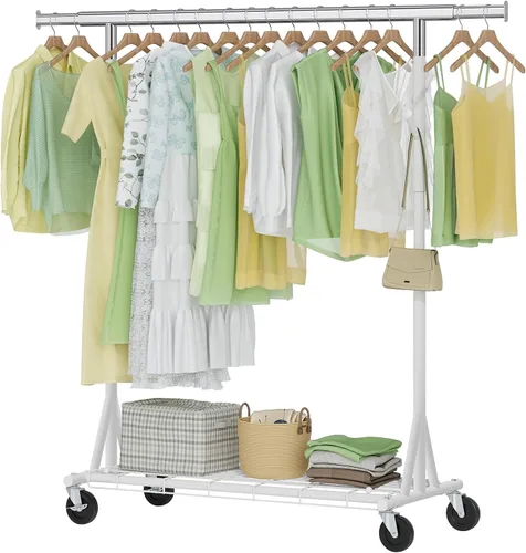 Miniatura 11 de Hoctieon Perchero de doble varilla de montaje en 2 minutos, estante resistente para ropa con ruedas, plegable para uso comercial, barra extensible