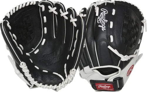 Miniatura 10 de Rawlings Guante de sóftbol juvenil Shut Out Negro/Blanco Web de barra doble de poste único