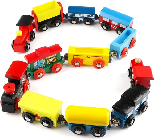 Miniatura 6 de Wondertoys Juego de 12 trenes magnéticos de madera, incluye 3 motores y bolsa de almacenamiento, juego de tren de madera para niños pequeños