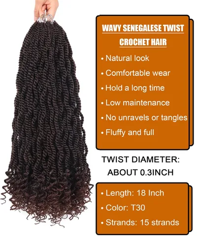 Miniatura 2 de 8 paquetes de cabello senegalés de ganchillo para mujeres negras, trenzas de ganchillo preenlazadas de 8 pulgadas, con extremos rizados, 2 hebras