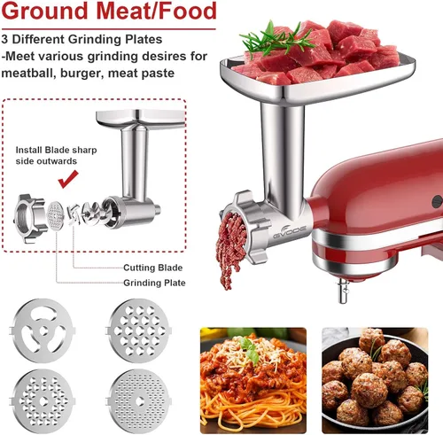 Miniatura 3 de Accesorio de molinillo de carne de metal para batidora de pie KitchenAid, molinillo de carne para Kitchen Aid incluye 4 placas de molienda, 3 tubos