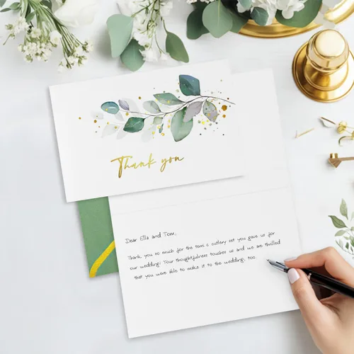 Miniatura 5 de Lujosas tarjetas de agradecimiento doradas con sobres, paquete de 32 tarjetas de eucalipto en blanco para todas las ocasiones, notas