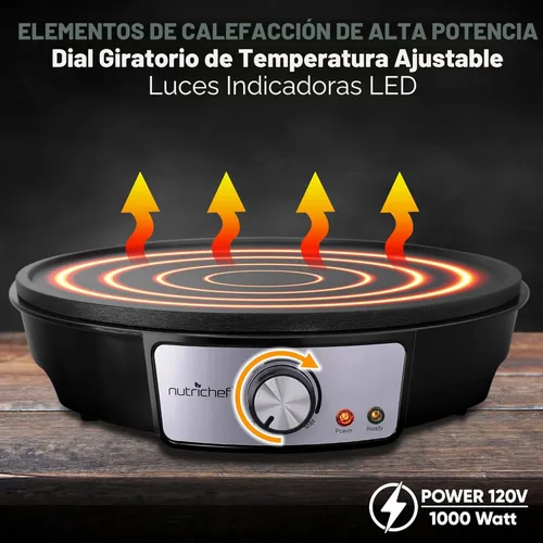 Miniatura 5 de NutriChef Plancha eléctrica y crepé Placa de cocina antiadherente de 12 pulgadas Control de temperatura ajustable Esparcidor de masa
