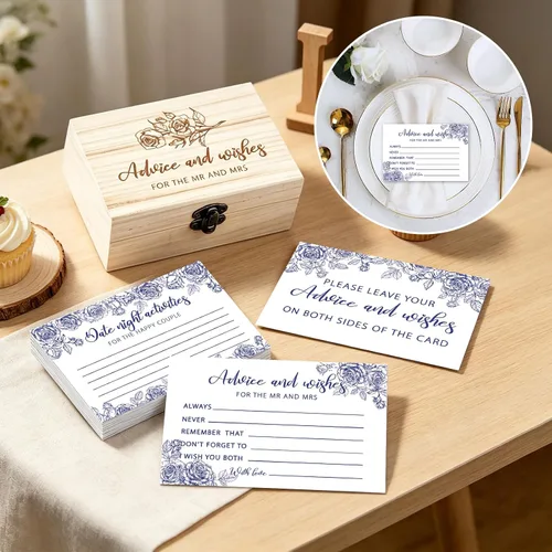 Miniatura 7 de Consejos y deseos para el señor y la señora 50 tarjetas de consejos de boda florales azules, tarjetas de consejos y deseos para decoraciones
