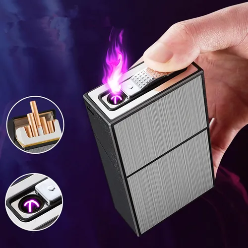 Miniatura 3 de Caja de cigarrillos con encendedor, 20 de capacidad, portátil, soporte para caja de cigarrillos, encendedor de doble arco, 2 en 1, recargable por