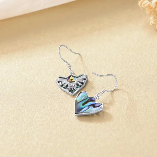 Miniatura 2 de YFN Zelda - Aretes colgantes de plata de ley con diseño de triforce Zelda, con temática de abulón, joyería Zelda para mujeres, hombres y niñas