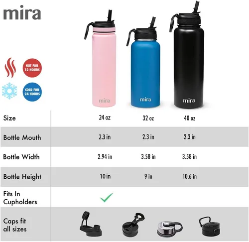 Miniatura 3 de MIRA - Botella de agua, de acero inoxidable, con tapa con popote sin BPA, con aislamiento al vacío que mantiene el frío durante 24horas y el calor