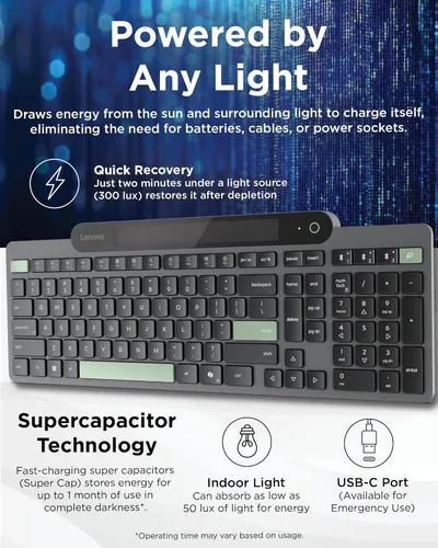 Miniatura 3 de Lenovo 800 Teclado Bluetooth Autocargable, Utiliza Luz Ambiental para la Carga, Bluetooth 5.1, Soporta 3 Dispositivos, Sin Batería, Inalámbrico, Gris
