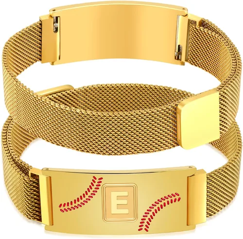 Miniatura 23 de Fervia Regalos de graduación de Pascua para hombres, pulsera con inicial de béisbol, color negro, plateado, dorado, acero inoxidable, pulseras