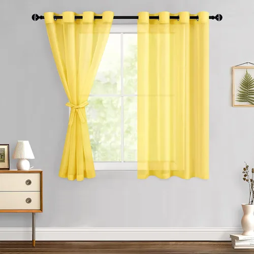 Miniatura 40 de Hiasan - Cortinas traslúcidas de gasa cortas semitransparentes con ojales y alzapaños filtrantes de luz para ventana, dormitorio, baño, 2 paneles
