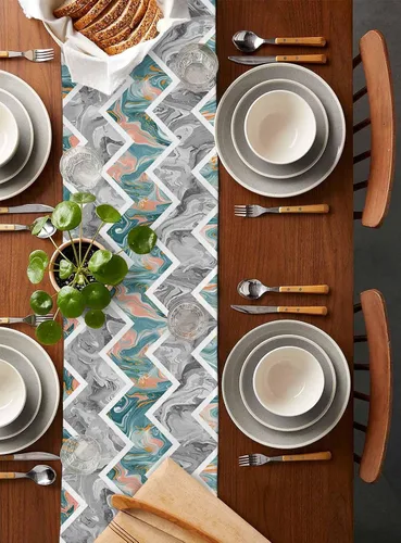Miniatura 2 de Zigzi - Bufandas de mesa azules, textura de mármol a rayas grises de Zigzi, camino de mesa de comedor, decoración de mesa rectangular lavable