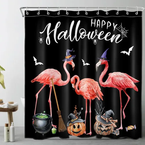 Miniatura 15 de LB Cortina de ducha de feliz Halloween para baño, flamenco rosa y calabaza naranja con sombrero mágico, cortina de ducha de tela con ganchos, juego