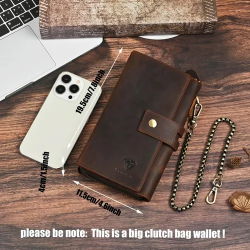Miniatura 47 de Genuino Caballo Loco Cuero Regalo de Viaje Moneda Bolsillo Tarjetero Organizador Largo Cadena Rfid Cartera Monedero Con Broche Para Hombres Hombres