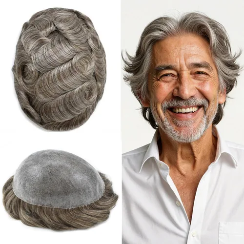 Miniatura 55 de LYRICAL HAIR Toupee for Men Human Hair Replacement System Injected Poly Skin Male Prothesis Durable PU Mens Hairpiece Wig 5"X7" #1 Jet Black 120%