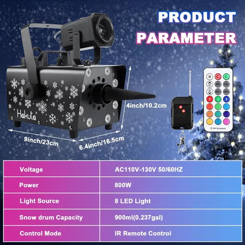 Miniatura 6 de Hakuta - Máquina de nieve mejorada de 800W con 8 luces LED RGB, proyección LED y 2 controles remotos inalámbricos, perfecta para Navidad, Halloween