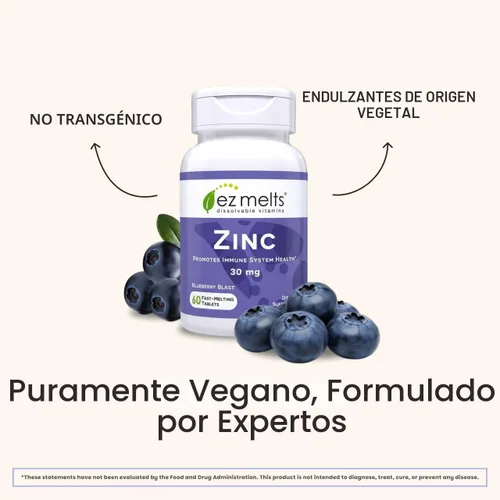 Miniatura 6 de Vitaminas solubles EZ Melts Zinc, 30 mg, cero azúcar, sabor natural a arándanos, libre de GMO, pastillas de disolución rápida, salud ósea e