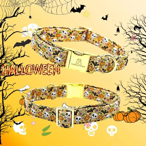 Miniatura 5 de Collares de perro Lionheart glory de Halloween con flores, collar de calavera con flores, collar para mascotas niña y niño, collar de perro flor
