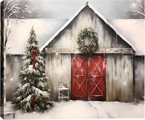 Arte de pared vintage de granero de Navidad de 16 x 24 pulgadas, paisaje retro de nieve de invierno, póster de arte de Navidad enmarcado, decoración