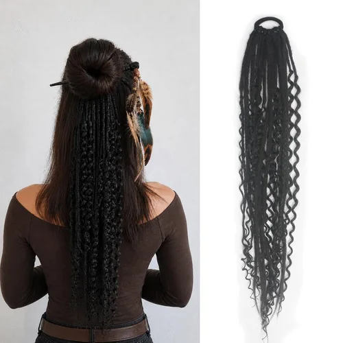Miniatura 7 de Extensiones de cabello de cola de caballo elásticas mixtas 3 en 1, 24 pulgadas de largo, cola de caballo vikinga trenzada a mano, 1 unidad, rubio
