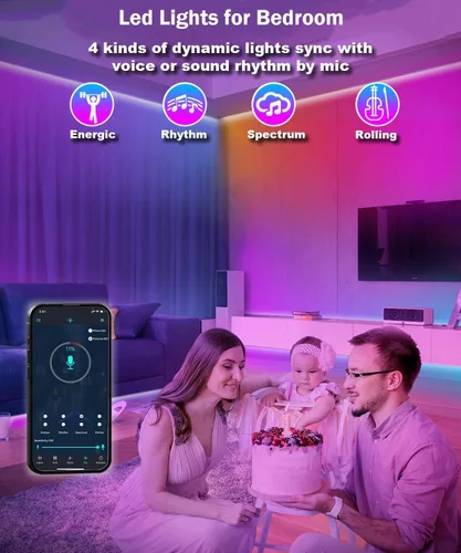 Miniatura 5 de Tira de luces LED para dormitorio de 33 pies, luces LED IC-RGB para habitación con control remoto de aplicación Bluetooth, tira de luz LED USB