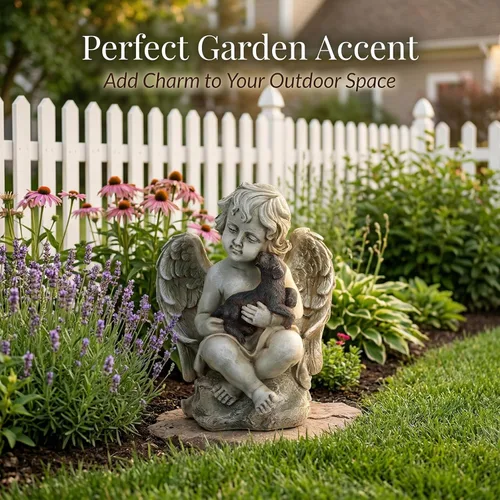 Miniatura 2 de DUSVALLY Angel Holding - Estatua de jardín para cachorros, escultura de querubín de resina resistente a la intemperie, decoración de jardín al aire