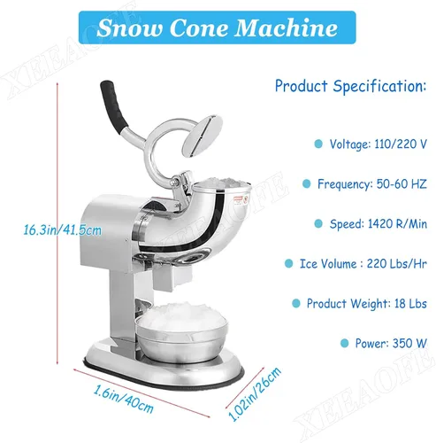 Miniatura 7 de Máquina de afeitar de hielo, máquina de cono de nieve, 220 libras por hora, 350 W, máquina de hielo afeitado de acero inoxidable, 2 cuchillas