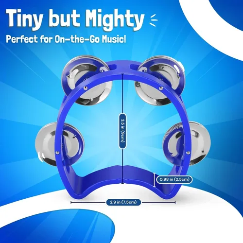 Miniatura 6 de Flexzion Pandereta - Campana de mano, instrumentos musicales de percusión (azul, paquete de 2), instrumento musical de plástico, media luna, mini D
