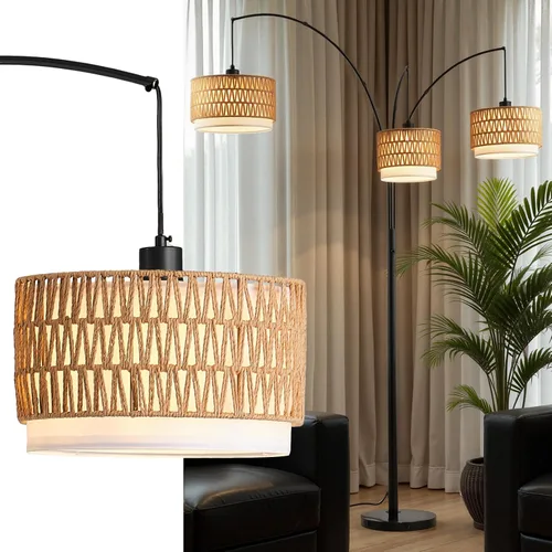 Lámpara de pie de ratán para sala de estar, lámpara de pie boho de 80 pulgadas de altura con interruptor giratorio, lámpara de arco de 3 luces con