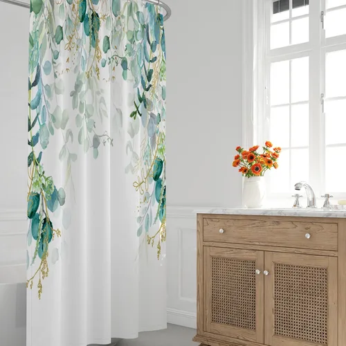 Miniatura 7 de Cortina de ducha de eucalipto verde salvia para baño con 12 ganchos, cortinas de ducha mejoradas impermeables con patrón de plantas de hojas