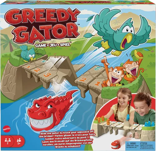 Miniatura 5 de Mattel Games Greedy Gator - Juego para niños para 2 jugadores para familias y fiestas, consigue que los monos atraviesen el puente primero