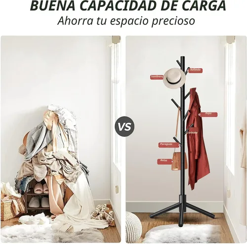 Miniatura 8 de Unisakey Perchero de madera duradero, perchero independiente con base triangular estable, 8 ganchos y 3 alturas ajustables, montaje simple para Negro