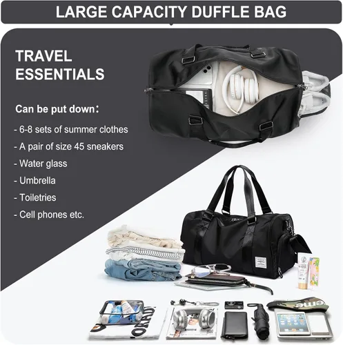Miniatura 6 de Bolsa de gimnasio para mujer, bolsa de viaje de viaje, bolsa de mano deportiva, bolsa de fin de semana, negro, (H1-Black), Bolsa de gimnasio