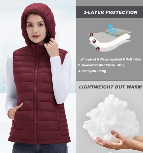 Miniatura 4 de SLOWTOWN Chaleco acolchado ligero y plegable para mujer con capucha desmontable