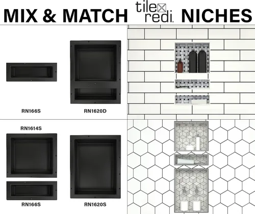 Miniatura 6 de Tile Redi USA Niche - Estante de ducha empotrable individual, negro, un estante interior, 16 pulgadas de ancho x 6 pulgadas de alto x 4 pulgadas
