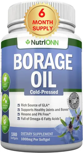 NutriONN Aceite de borraja - 1000 mg - 180 cápsulas blandas - Aceite de semilla de borraja prensado en frío - Sin hexano y PA - Ideal para piel,
