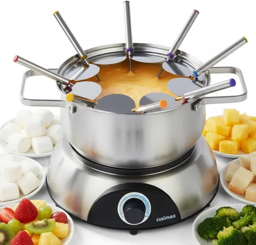 CUSIMAX Juego de fondue eléctrico, olla de fondue eléctrica de 1500W con dial de control luminoso, 8 tenedores de acero inoxidable codificados por
