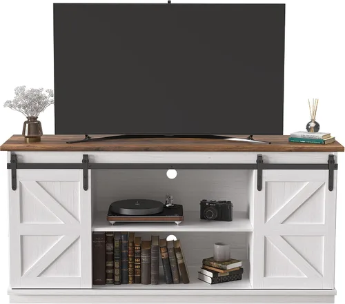 JUMMICO Soporte de TV para TV de 65 pulgadas, centro de entretenimiento con armarios de almacenamiento y puertas corredizas de granero, consola de