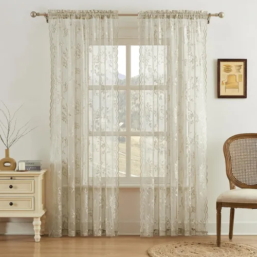 Miniatura 69 de SEEKRIGHT - 2 paneles de cortinas traslúcidas de encaje negro, cortinas góticas florales, cortinas victorianas con bolsillo para cortinero