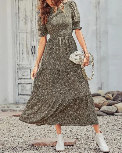 Miniatura 111 de BTFBM Vestidos para mujer, cuello redondo, casual, de verano, con volantes, manga corta, bohemio, con niveles, fruncido, largo, con estampado floral