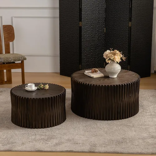 Miniatura 11 de Juego de 2 mesas de centro redondas negras de 55.12 pulgadas, mesa lateral moderna para sala de estar, diseño contemporáneo de círculo de madera