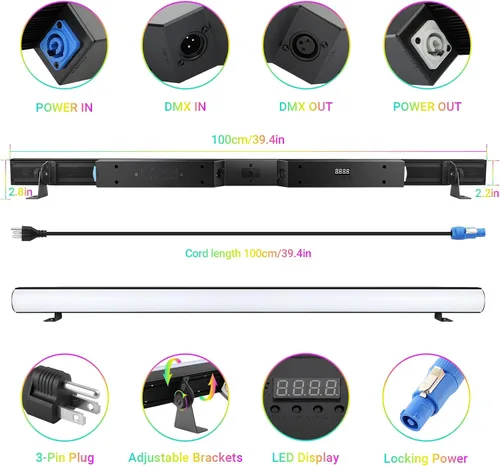 Miniatura 4 de Barra de luz LED para escenario, paquete de 2: mezcla de colores RGB de 60 W, control DMX y RDM, 67 programas de persecución y 37 colores estáticos